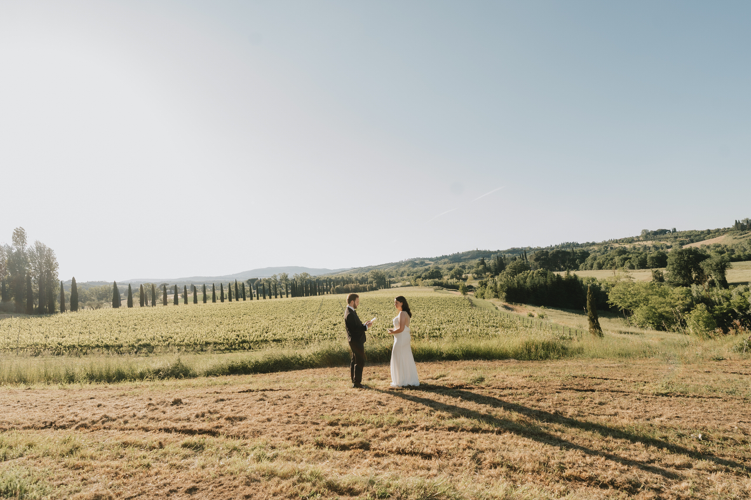 Bride and groom facing each other in an open field, a row of cypresses behind them