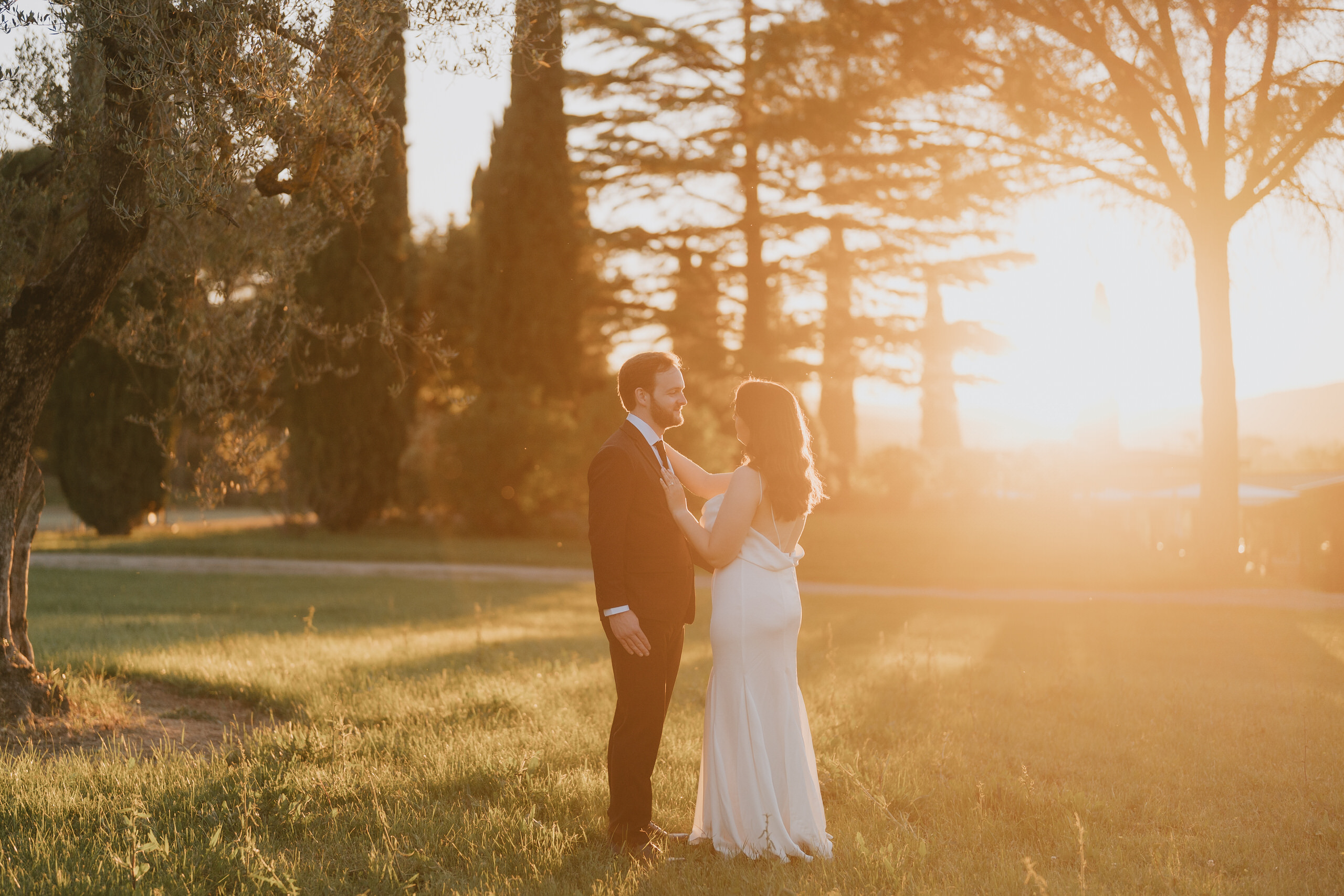 Bride and groom at sunset, the sun low between the pines