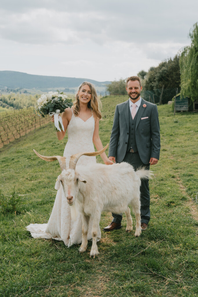 Bride and groom on the lawn with a white goat at Mormoraia