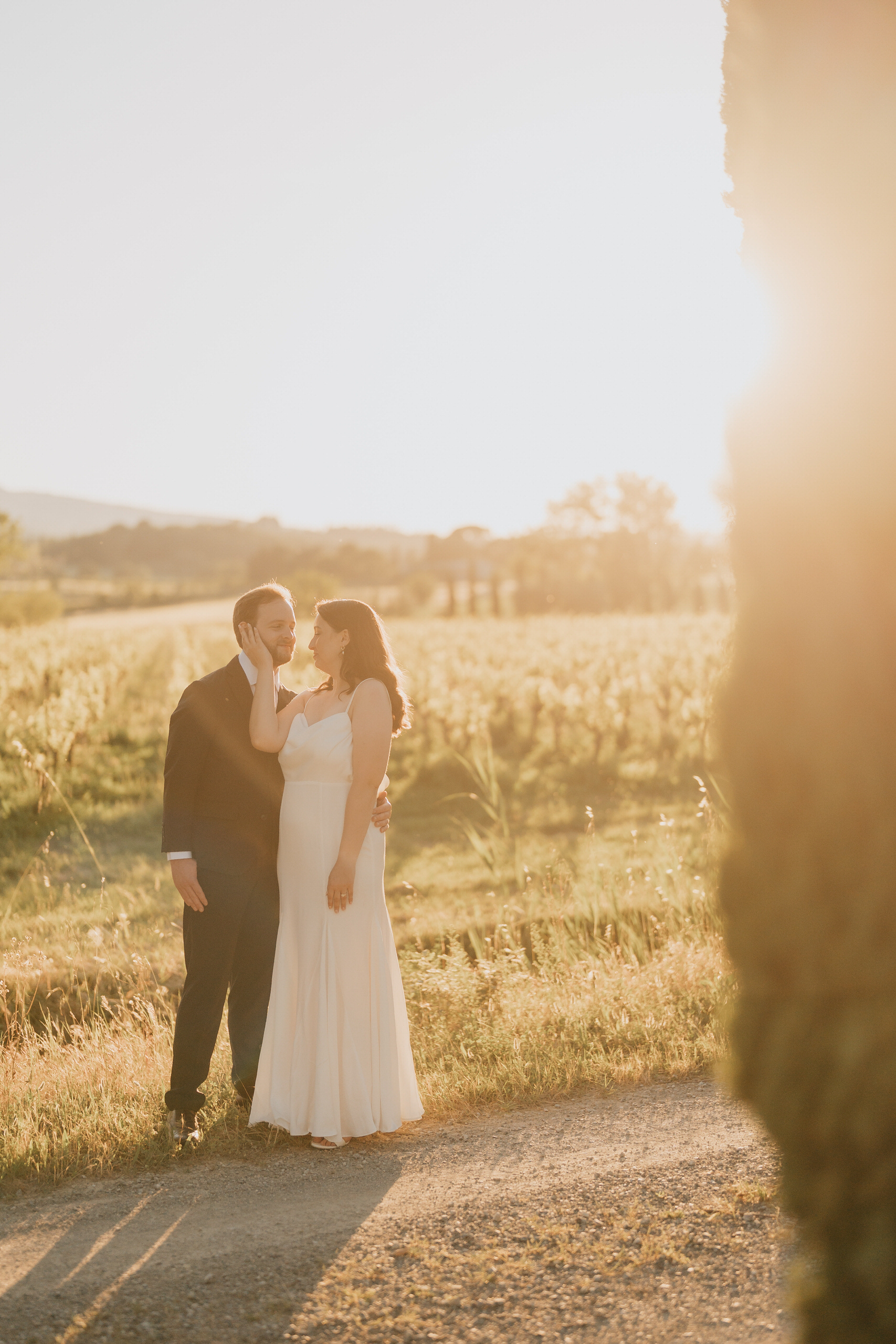 Groom kissing the bride beside a cypress on a gravel road