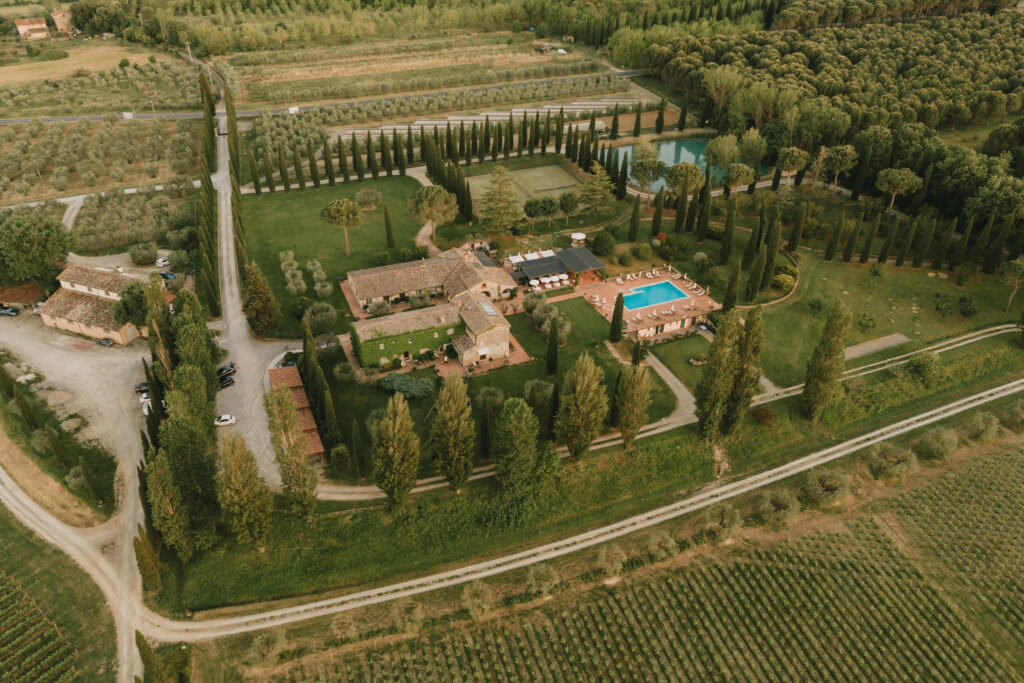 Aerial view of the La Sovana estate near Sarteano, with its pool, cypresses and vineyards