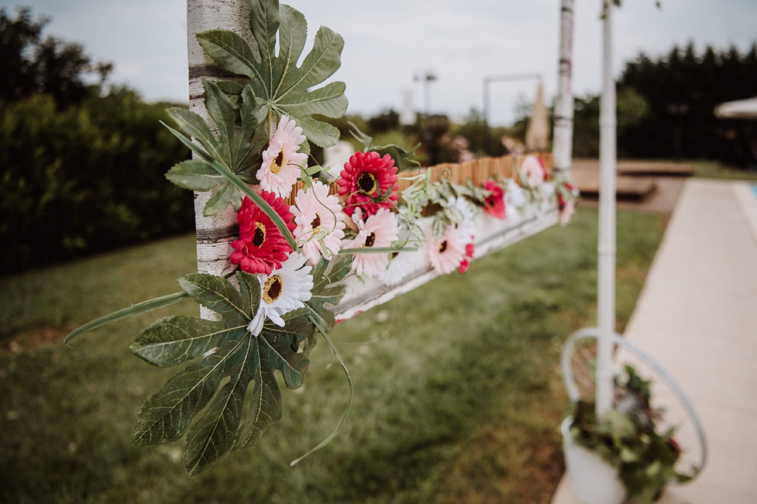 Fiori rossi e rosa sulla struttura lungo il prato