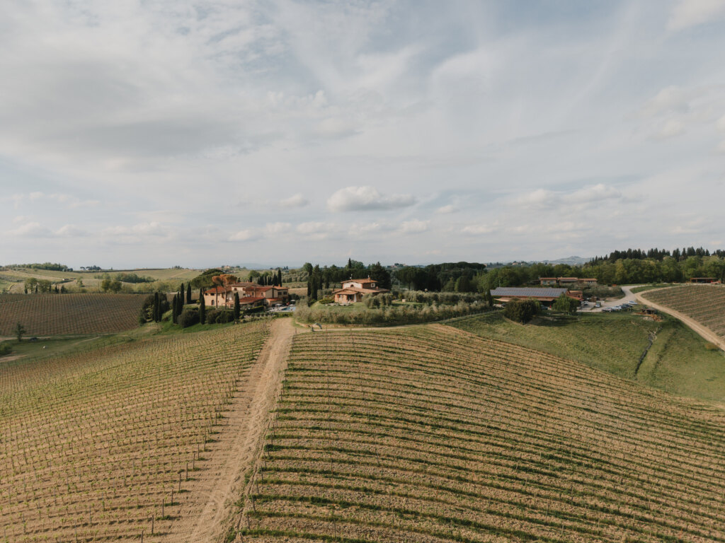 Aerial view of the Mormoraia vineyards and farmhouse outside San Gimignano