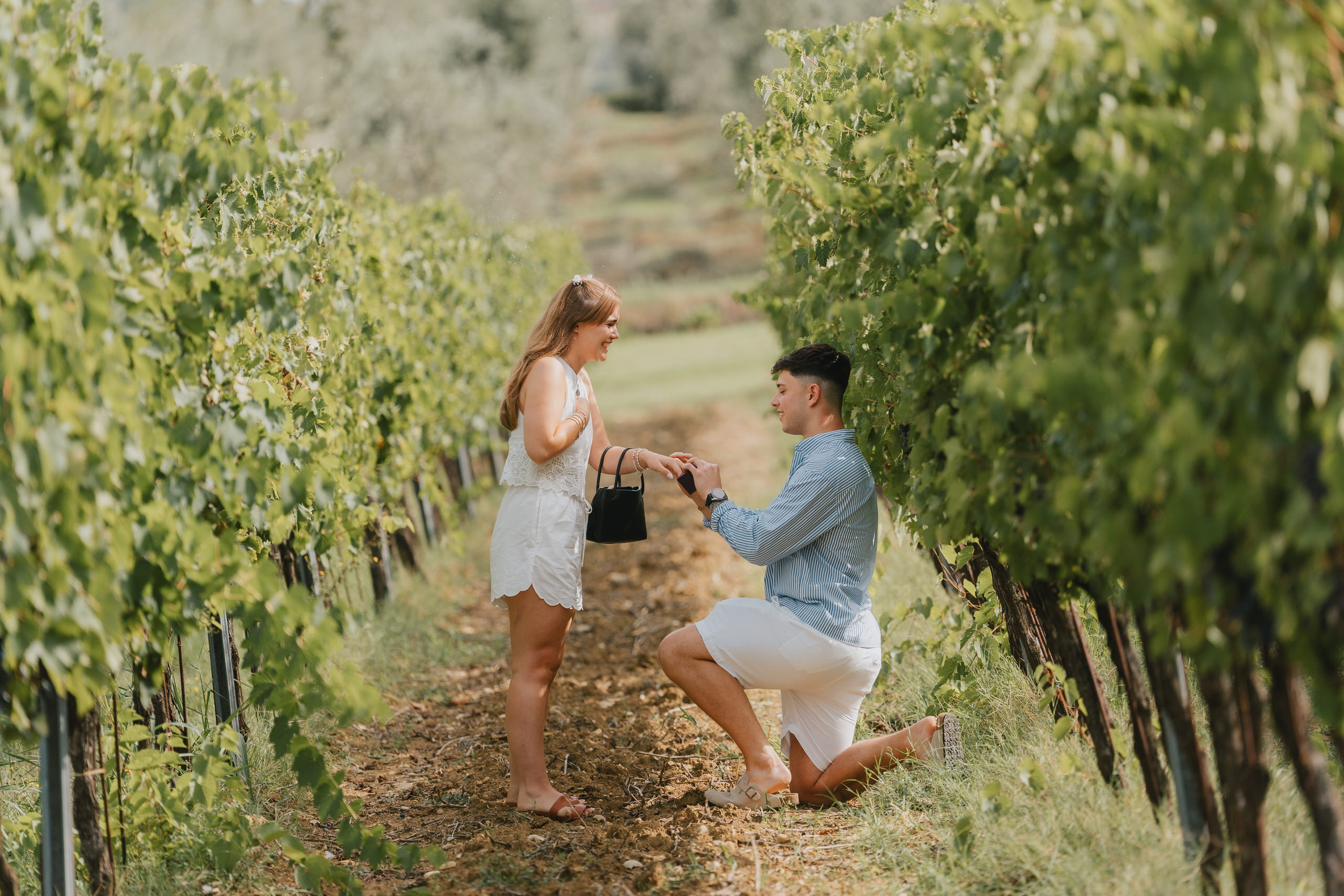 Surprise proposal between the vine rows at Fattoria San Michele in the Tuscan countryside