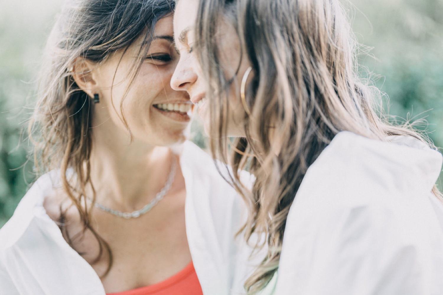 Foreheads together, smiling