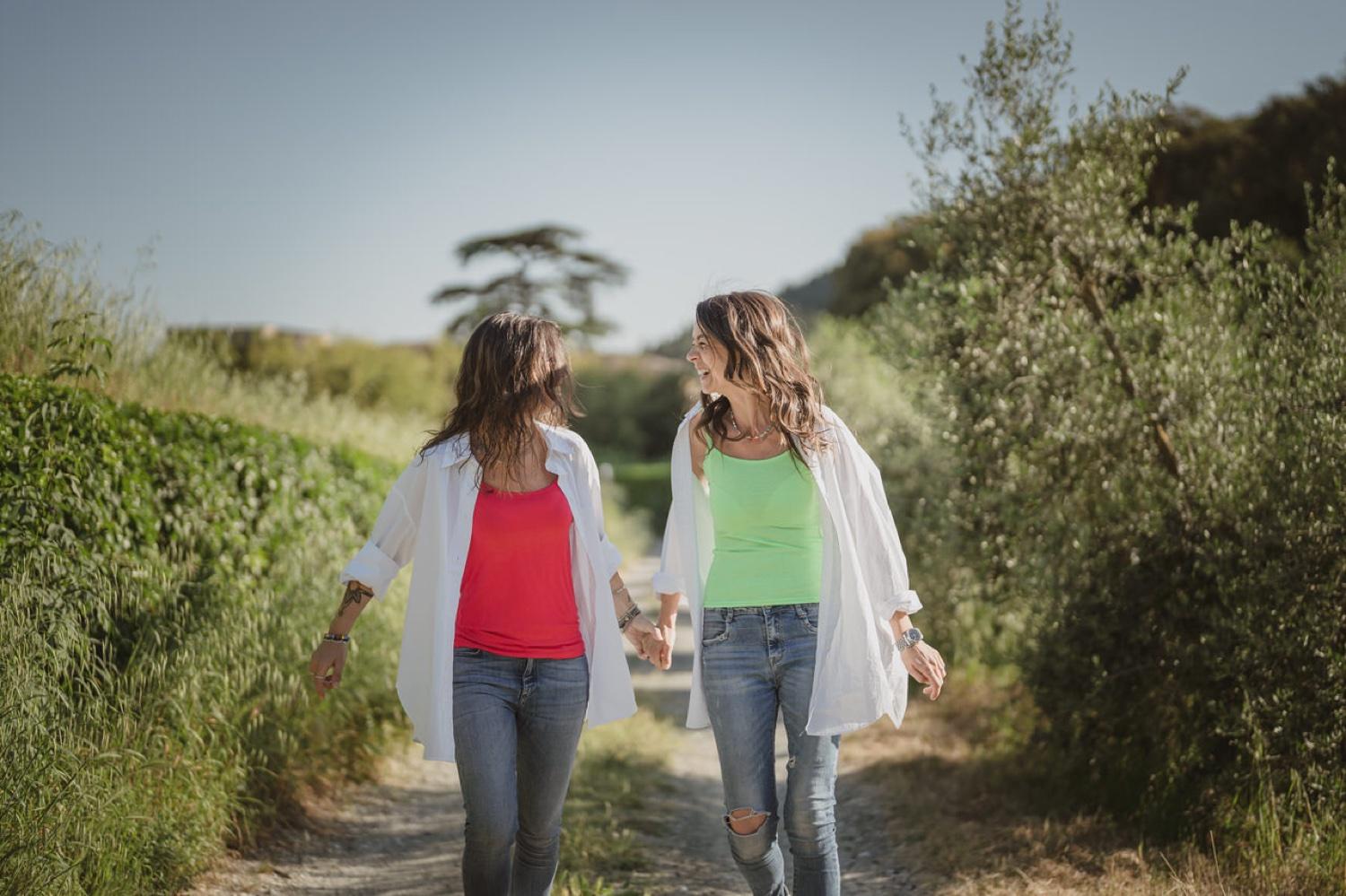 Walking and laughing in the greenery